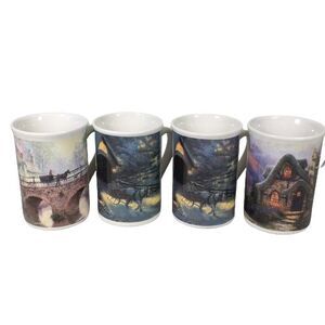 Thomas Kinkade Coffee Cups Mugs 4" Christmas Winter Horse Sleigh Lot Set of 4